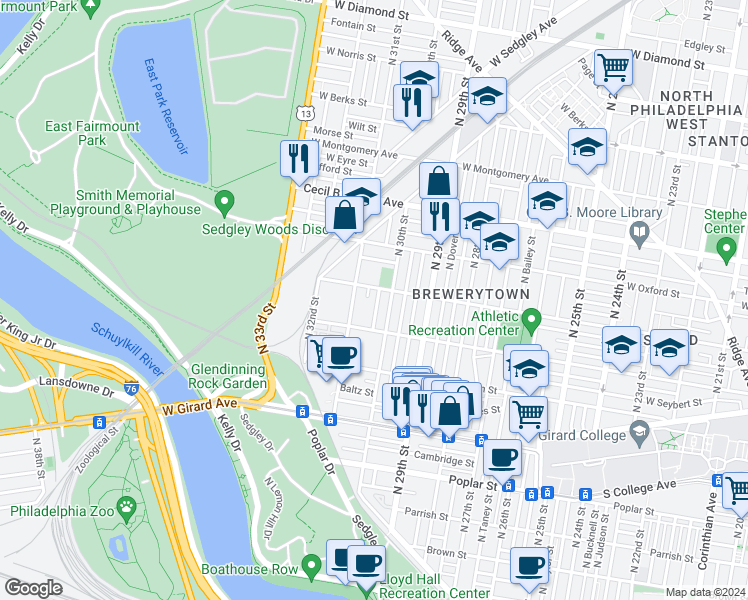 map of restaurants, bars, coffee shops, grocery stores, and more near 1446 North Corlies Street in Philadelphia