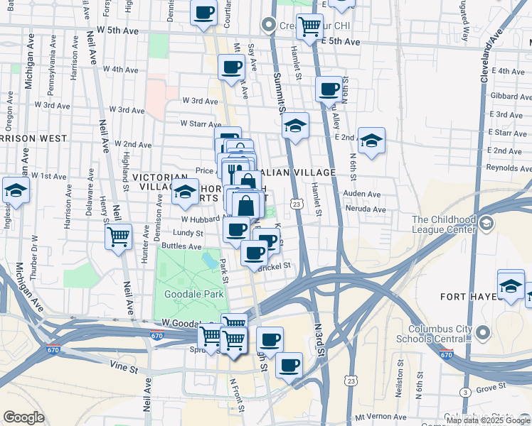 map of restaurants, bars, coffee shops, grocery stores, and more near in Columbus