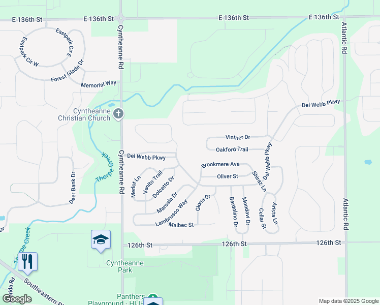 map of restaurants, bars, coffee shops, grocery stores, and more near 13079 Del Webb Parkway in Fishers
