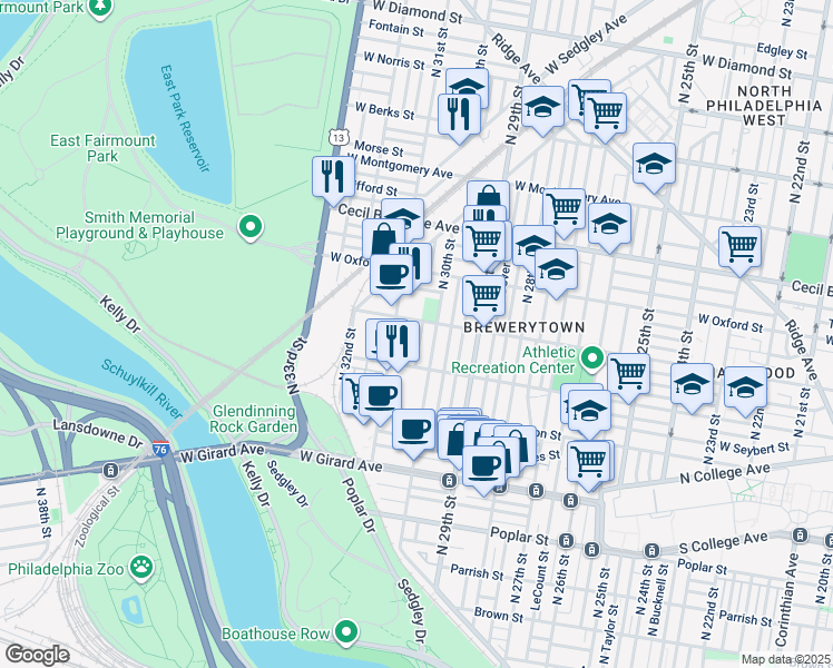 map of restaurants, bars, coffee shops, grocery stores, and more near 1446 North Corlies Street in Philadelphia