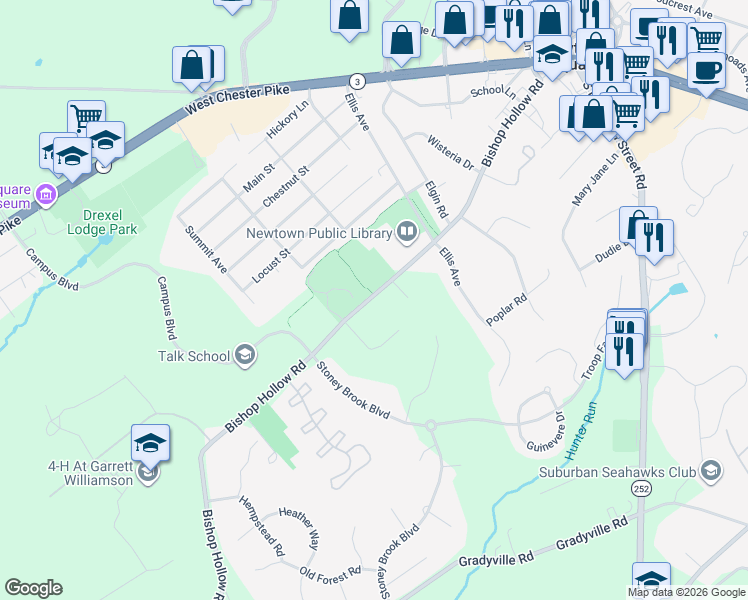 map of restaurants, bars, coffee shops, grocery stores, and more near Bishop Hollow Trail in Newtown Square