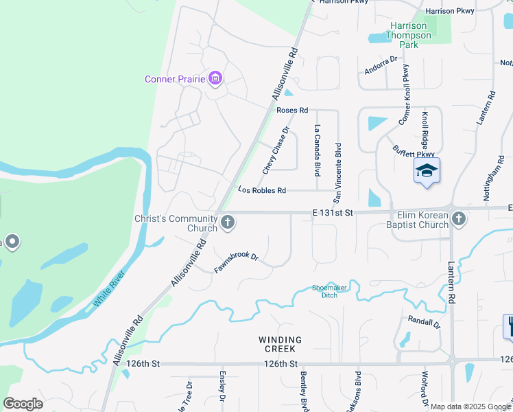 map of restaurants, bars, coffee shops, grocery stores, and more near 8250 East 131st Street in Fishers