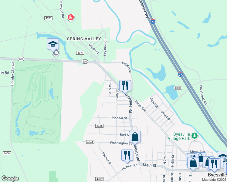 map of restaurants, bars, coffee shops, grocery stores, and more near 60605 Southgate Road in Byesville