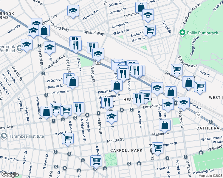 map of restaurants, bars, coffee shops, grocery stores, and more near 5727 Dunlap Street in Philadelphia
