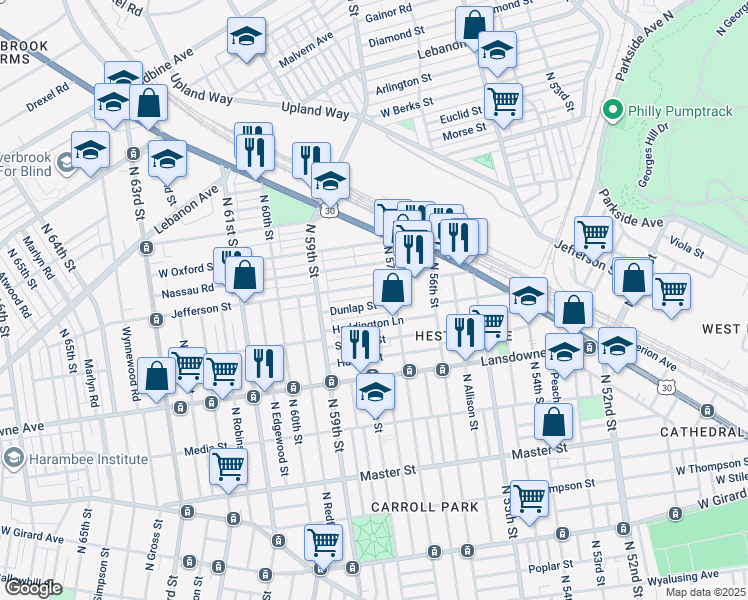 map of restaurants, bars, coffee shops, grocery stores, and more near 5729 Dunlap Street in Philadelphia