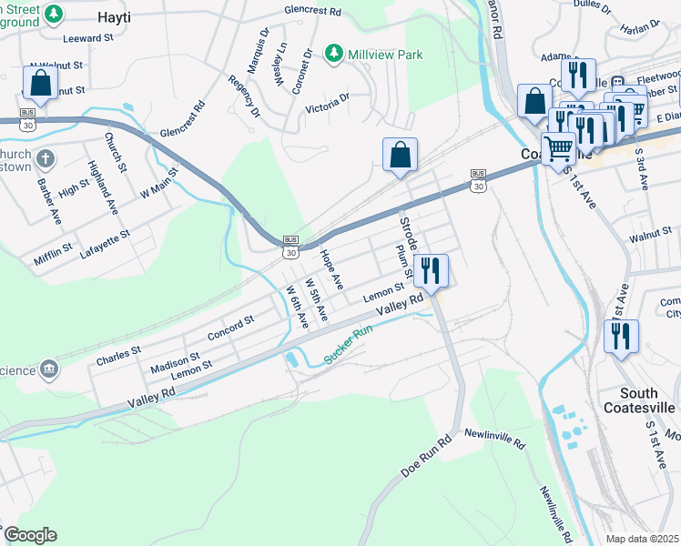 map of restaurants, bars, coffee shops, grocery stores, and more near 109 Hope Avenue in Coatesville