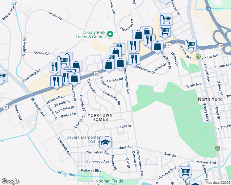 map of restaurants, bars, coffee shops, grocery stores, and more near 1400 Wogan Road in York