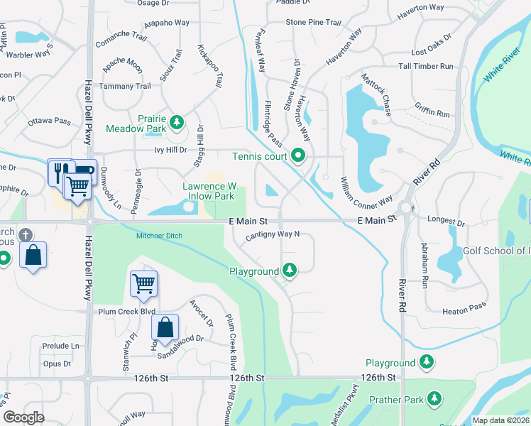 map of restaurants, bars, coffee shops, grocery stores, and more near 5805 Tanager Lane in Carmel