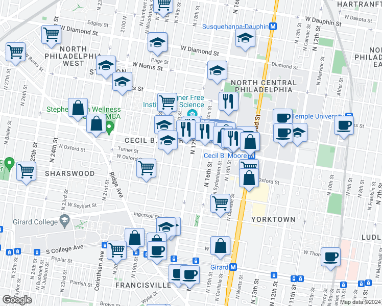 map of restaurants, bars, coffee shops, grocery stores, and more near 1624 North 17th Street in Philadelphia