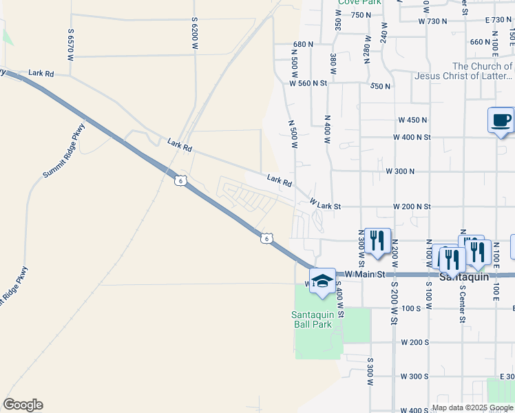map of restaurants, bars, coffee shops, grocery stores, and more near Madison Avenue in Santaquin