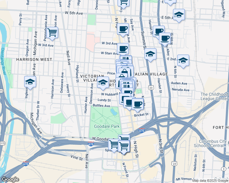 map of restaurants, bars, coffee shops, grocery stores, and more near 815 Park Street in Columbus