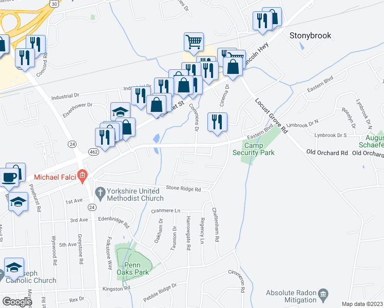 map of restaurants, bars, coffee shops, grocery stores, and more near 3596 Mark Drive in York