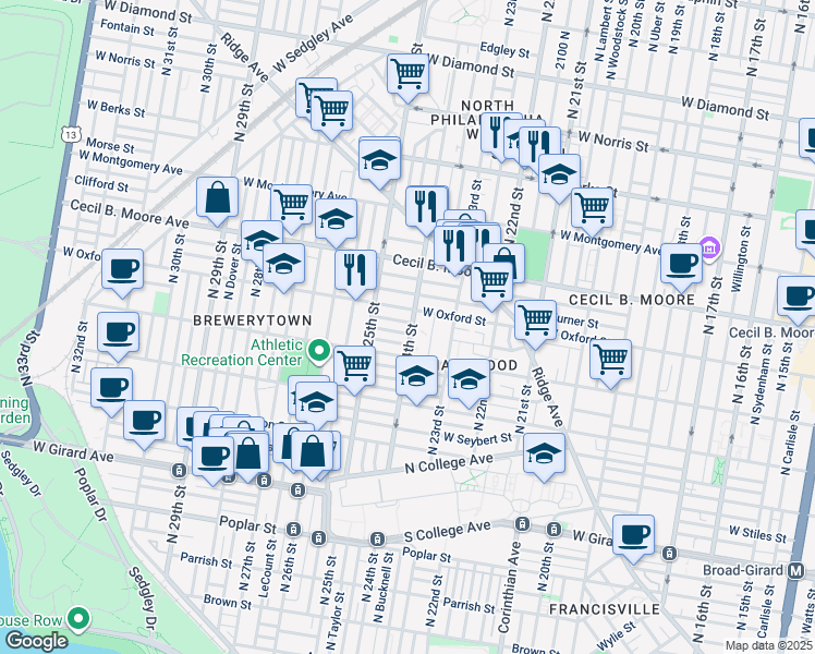 map of restaurants, bars, coffee shops, grocery stores, and more near 2412 Redner Street in Philadelphia