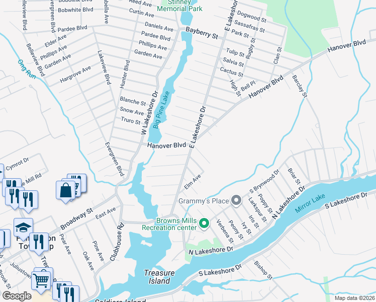 map of restaurants, bars, coffee shops, grocery stores, and more near 115 Castro Street in Browns Mills