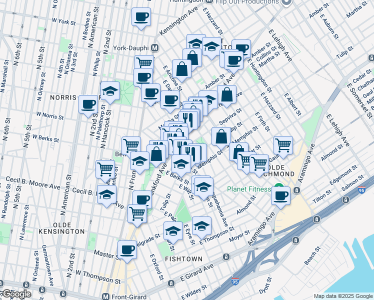 map of restaurants, bars, coffee shops, grocery stores, and more near 2025 Sepviva Street in Philadelphia
