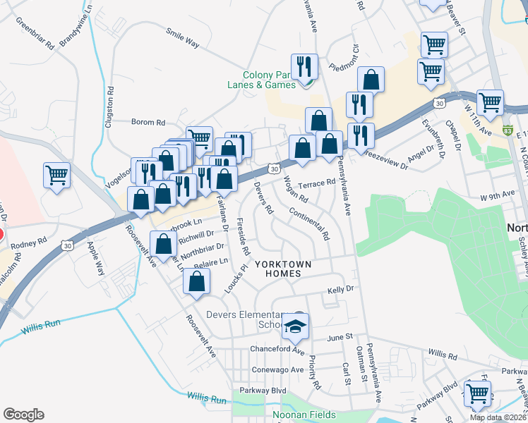 map of restaurants, bars, coffee shops, grocery stores, and more near 1524 Continental Road in York