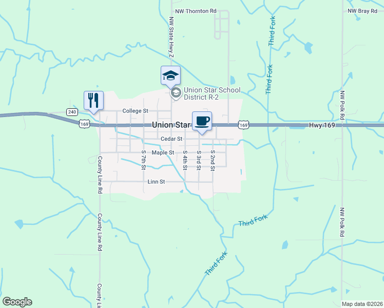 map of restaurants, bars, coffee shops, grocery stores, and more near 420 Cedar Street in Union Star