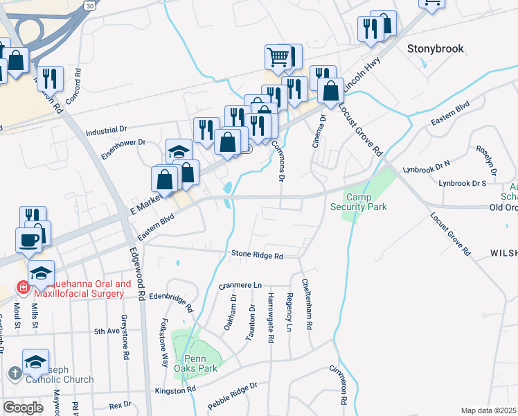 map of restaurants, bars, coffee shops, grocery stores, and more near 110 Lorenzo Court in York