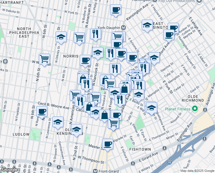map of restaurants, bars, coffee shops, grocery stores, and more near 1930 Waterloo Street in Philadelphia