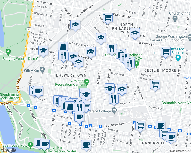 map of restaurants, bars, coffee shops, grocery stores, and more near 1517 North Stillman Street in Philadelphia