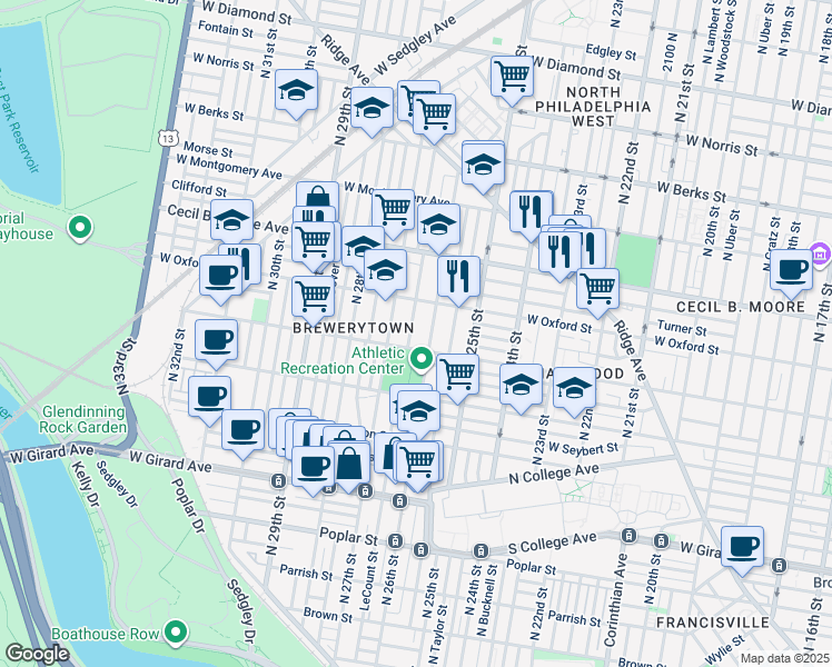 map of restaurants, bars, coffee shops, grocery stores, and more near 1509 North Bailey Street in Philadelphia
