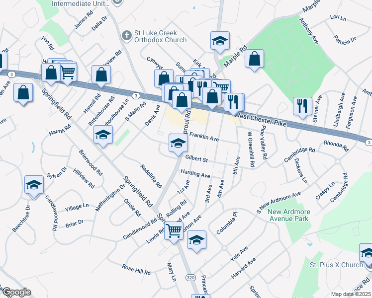 map of restaurants, bars, coffee shops, grocery stores, and more near 93 South Sproul Road in Broomall