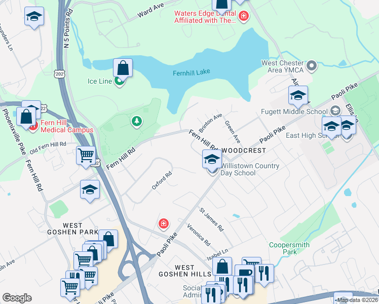 map of restaurants, bars, coffee shops, grocery stores, and more near 31 Brinton Place Road in West Chester