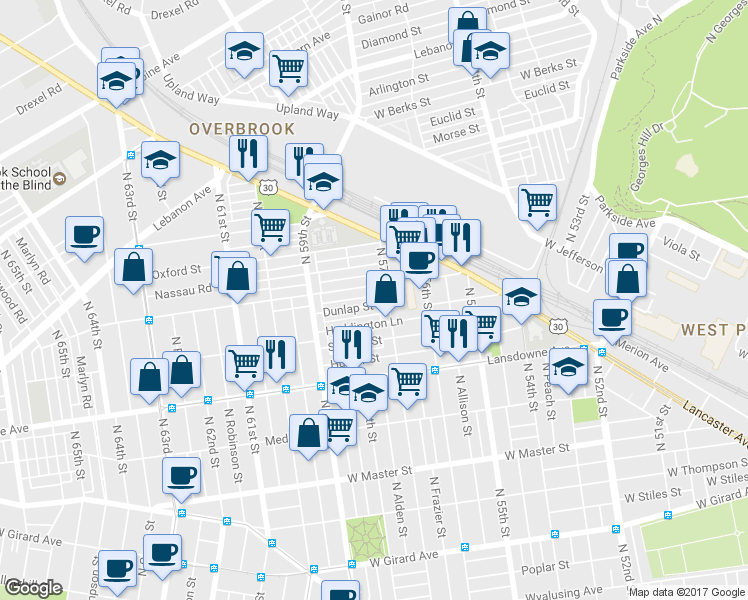 map of restaurants, bars, coffee shops, grocery stores, and more near 5717 Dunlap Street in Philadelphia