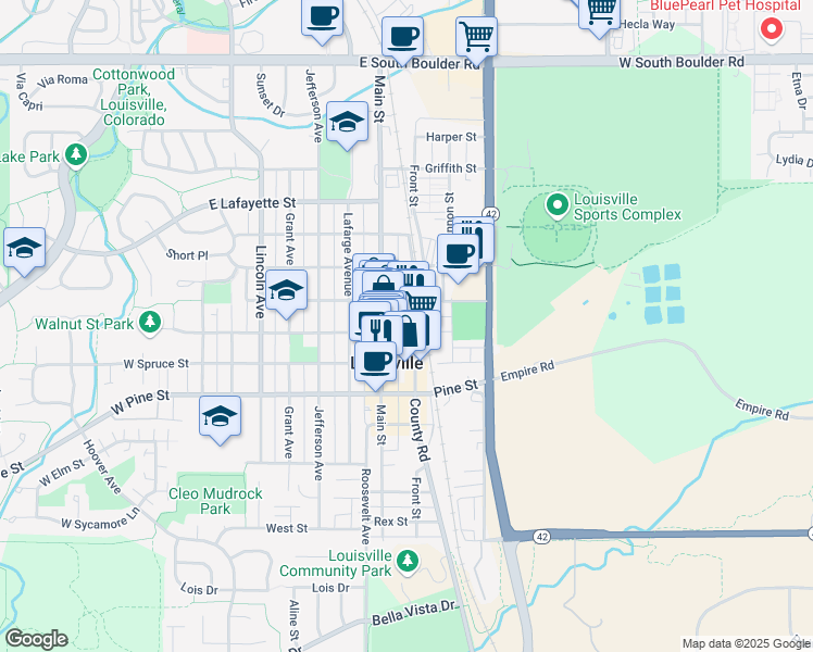 map of restaurants, bars, coffee shops, grocery stores, and more near 900-998 Front Street in Louisville