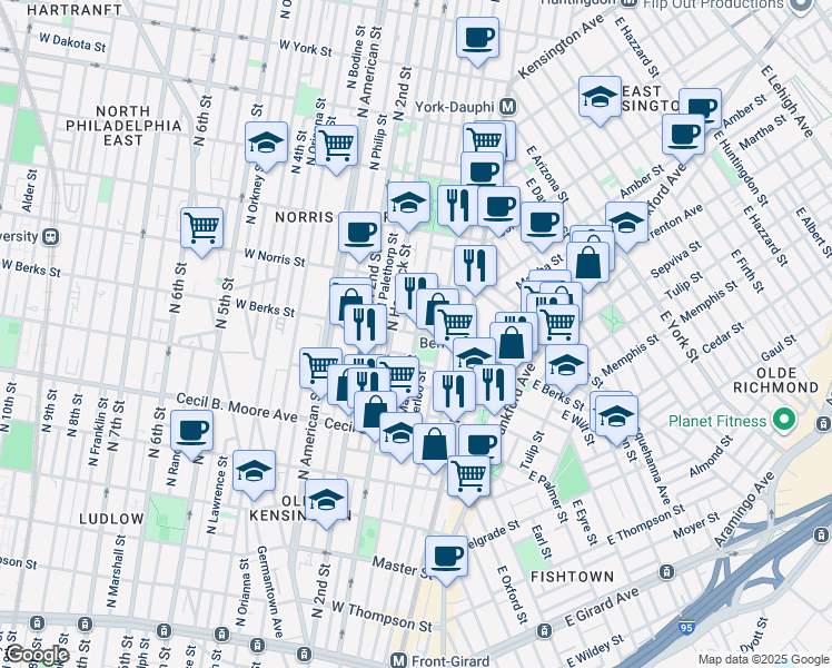 map of restaurants, bars, coffee shops, grocery stores, and more near West Berks Street & North Mascher Street in Philadelphia