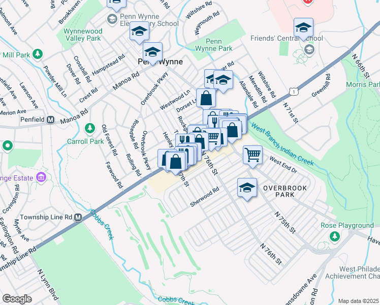 map of restaurants, bars, coffee shops, grocery stores, and more near 1473 City Avenue in Philadelphia