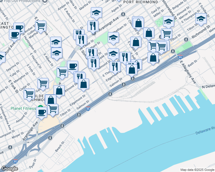 map of restaurants, bars, coffee shops, grocery stores, and more near 2823 Edgemont Street in Philadelphia