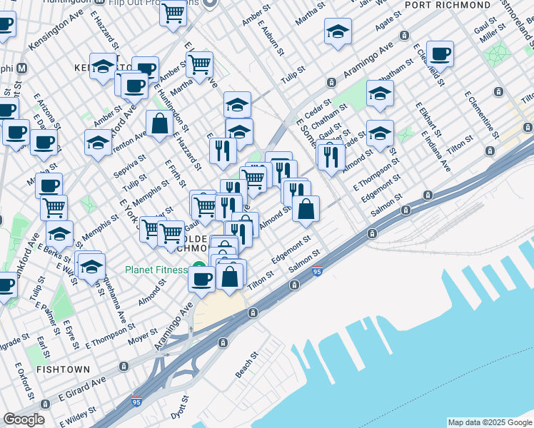 map of restaurants, bars, coffee shops, grocery stores, and more near 2653 Belgrade Street in Philadelphia