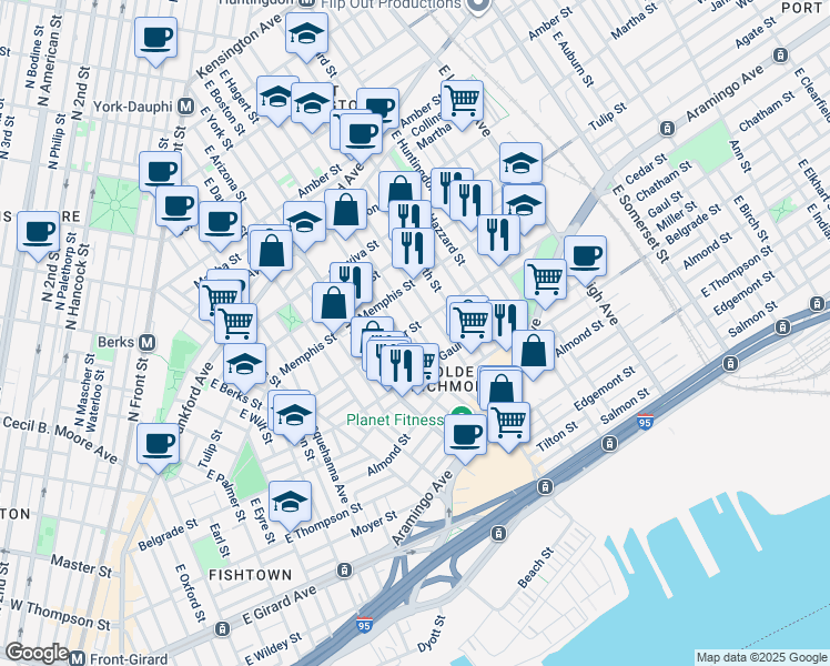 map of restaurants, bars, coffee shops, grocery stores, and more near 2453 Cedar Street in Philadelphia