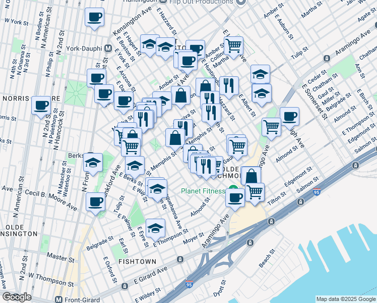 map of restaurants, bars, coffee shops, grocery stores, and more near 2351 East Hagert Street in Philadelphia