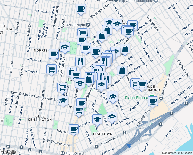 map of restaurants, bars, coffee shops, grocery stores, and more near 2028 Blair Street in Philadelphia