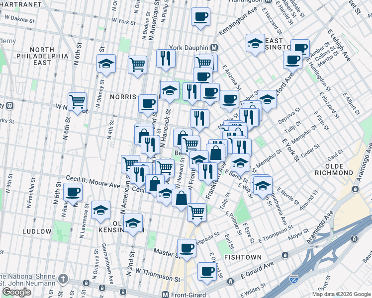 map of restaurants, bars, coffee shops, grocery stores, and more near 1930 Waterloo Street in Philadelphia