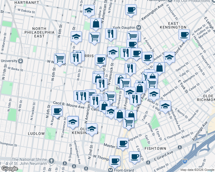 map of restaurants, bars, coffee shops, grocery stores, and more near 1904 North Hancock Street in Philadelphia