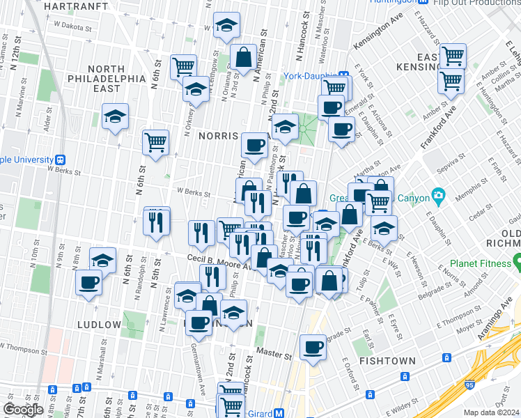 map of restaurants, bars, coffee shops, grocery stores, and more near 1909 North Philip Street in Philadelphia