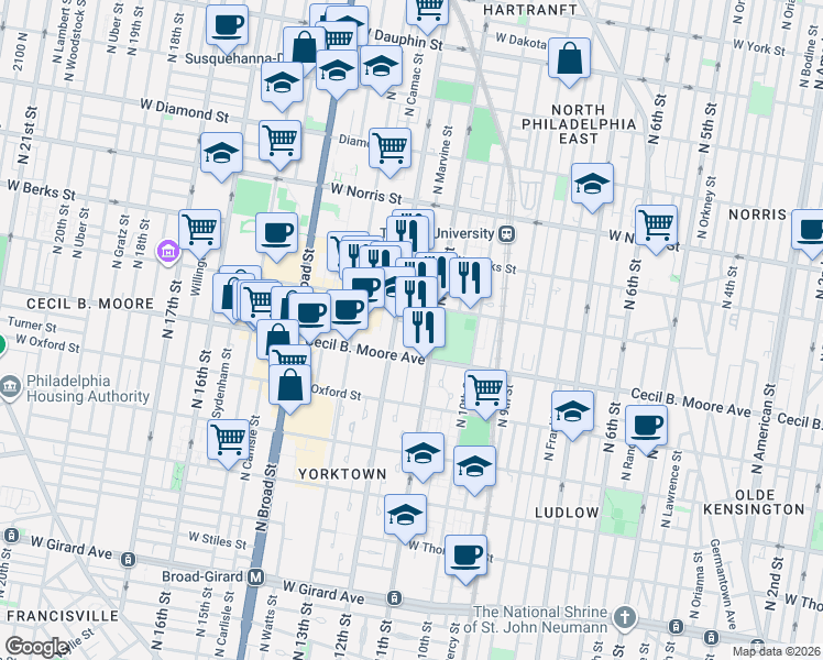 map of restaurants, bars, coffee shops, grocery stores, and more near 1100 West Montgomery Avenue in Philadelphia