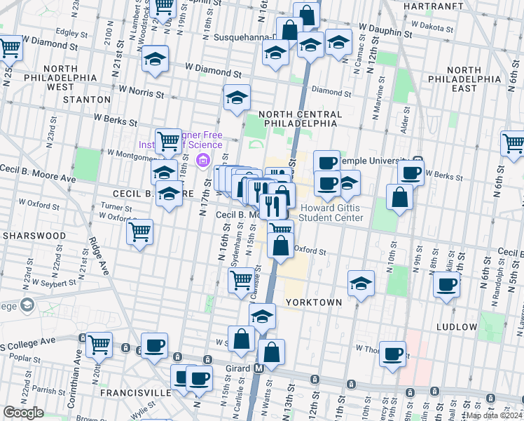 map of restaurants, bars, coffee shops, grocery stores, and more near 1701-23 North 15th Street in Philadelphia