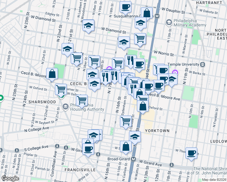 map of restaurants, bars, coffee shops, grocery stores, and more near 1601 Cecil B. Moore Avenue in Philadelphia