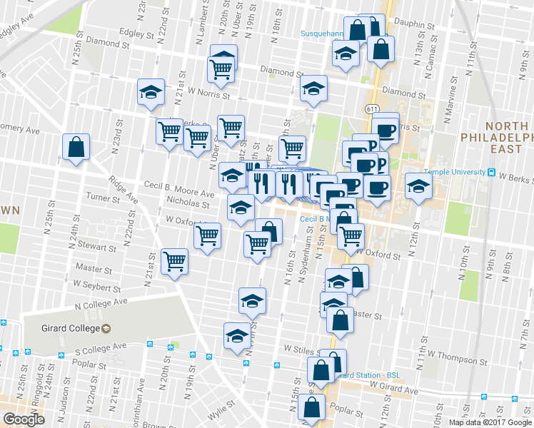 map of restaurants, bars, coffee shops, grocery stores, and more near 1723 Cecil B. Moore Avenue in Philadelphia