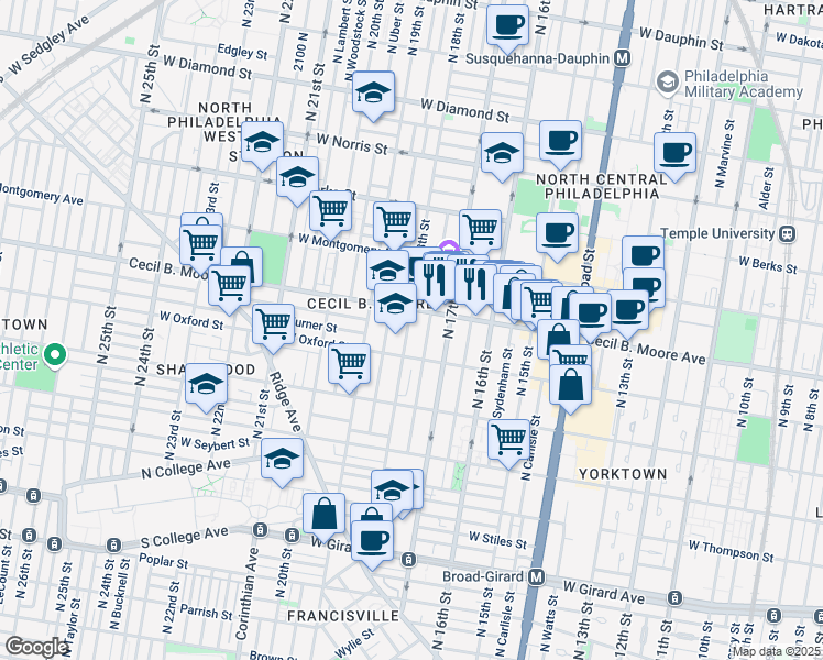 map of restaurants, bars, coffee shops, grocery stores, and more near 1820 Cecil B. Moore Avenue in Philadelphia