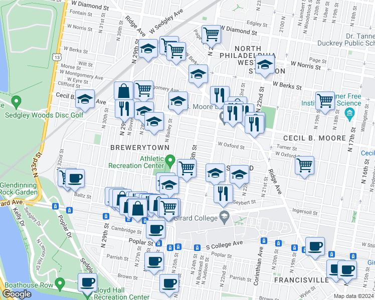 map of restaurants, bars, coffee shops, grocery stores, and more near 1540 North Stillman Street in Philadelphia