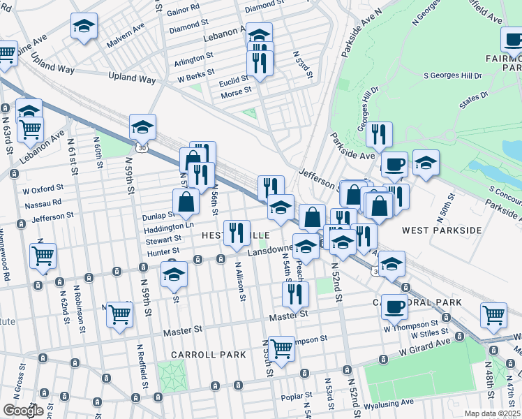 map of restaurants, bars, coffee shops, grocery stores, and more near 5357 Lancaster Avenue in Philadelphia