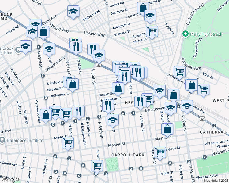 map of restaurants, bars, coffee shops, grocery stores, and more near 5717 Dunlap Street in Philadelphia