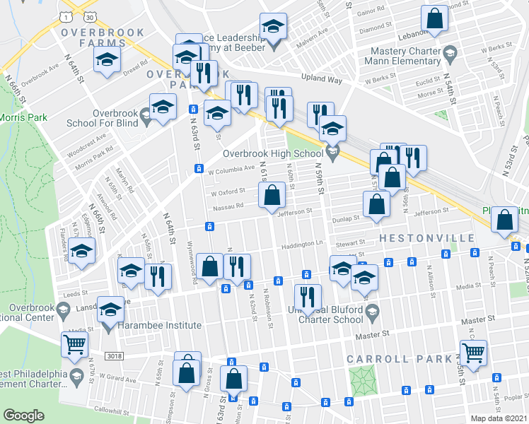 map of restaurants, bars, coffee shops, grocery stores, and more near 6109 Nassau Road in Philadelphia