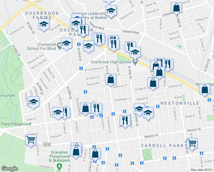 map of restaurants, bars, coffee shops, grocery stores, and more near 6107 Nassau Road in Philadelphia