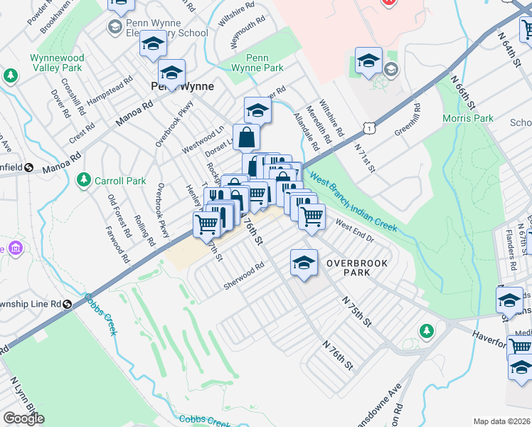 map of restaurants, bars, coffee shops, grocery stores, and more near 7520 City Avenue in Philadelphia